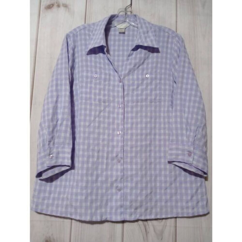 CJ Banks Lavender Gingham Button Down Shirt Womens X 3/4 Sleeve Seersucker Top‎